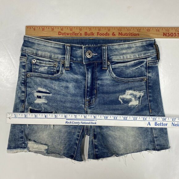 American Eagle Midi Shorts 2 Next Level Stretch Denim Blue Jean Distressed - Picture 5 of 10